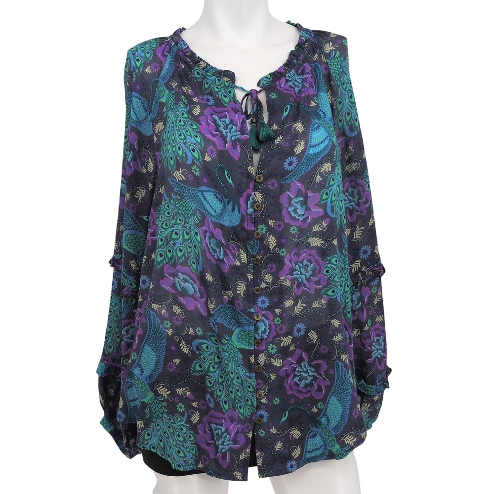 Spell Peacock Floral Tunic Top Balloon Sleeve Tassel Boho Festival Oversized S
